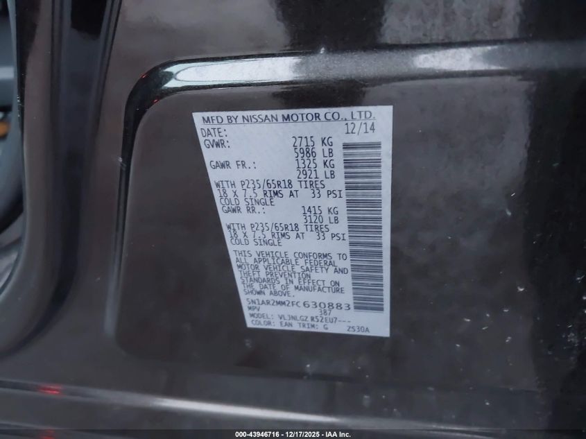 2015 Nissan Pathfinder Sl VIN: 5N1AR2MM2FC630883 Lot: 43946716