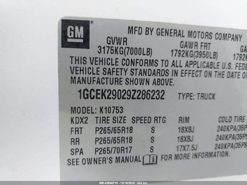2009 Chevrolet Silverado 1500 Lt VIN: 1GCEK29029Z286232 Lot: 43946719