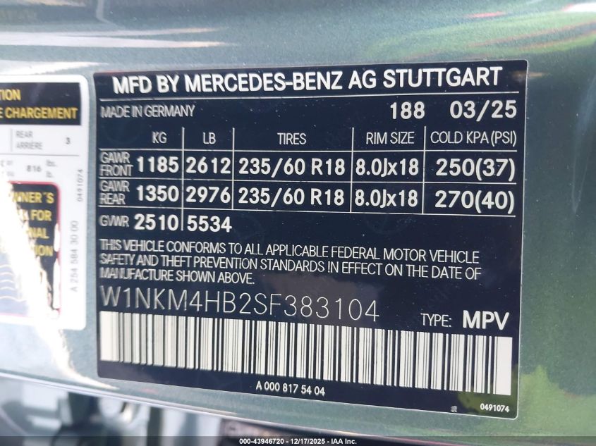2025 Mercedes-Benz Glc 300 4Matic Suv VIN: W1NKM4HB2SF383104 Lot: 43946720