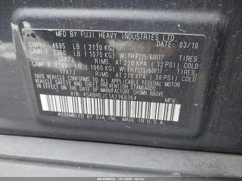 2010 Subaru Outback 3.6R Limited VIN: 4S4BRDJC1A2368364 Lot: 43946722