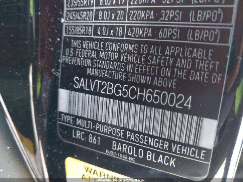 2012 Land Rover Range Rover Evoque Pure Plus VIN: SALVT2BG5CH650024 Lot: 43946725