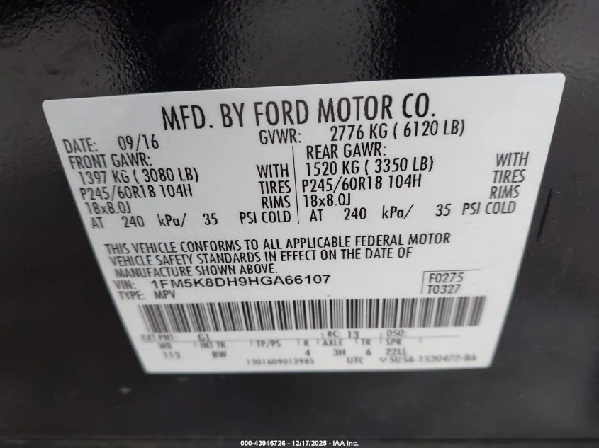 2017 Ford Explorer Xlt VIN: 1FM5K8DH9HGA66107 Lot: 43946726