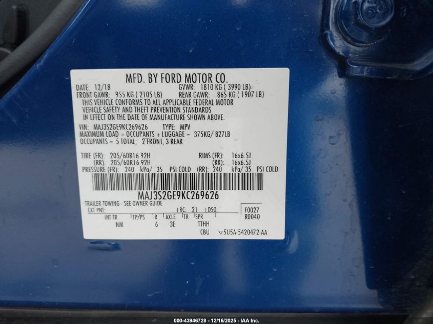 2019 Ford Ecosport Se VIN: MAJ3S2GE9KC269626 Lot: 43946728