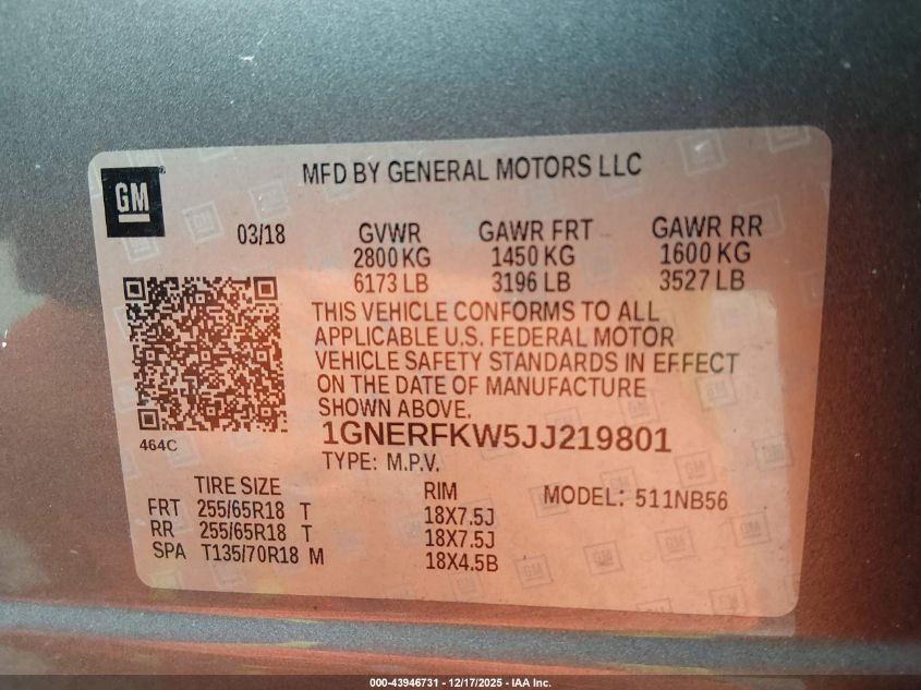 2018 Chevrolet Traverse Ls VIN: 1GNERFKW5JJ219801 Lot: 43946731