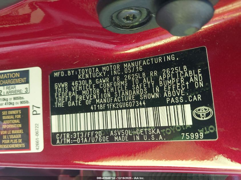 2016 Toyota Camry Se VIN: 4T1BF1FK2GU607344 Lot: 43946734