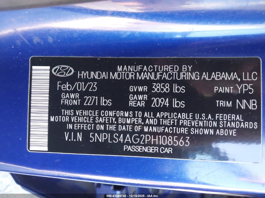 2023 Hyundai Elantra Sel VIN: 5NPLS4AG2PH108563 Lot: 43946740