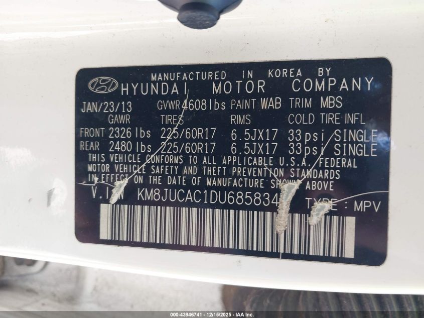 2013 Hyundai Tucson Gls VIN: KM8JUCAC1DU685834 Lot: 43946741