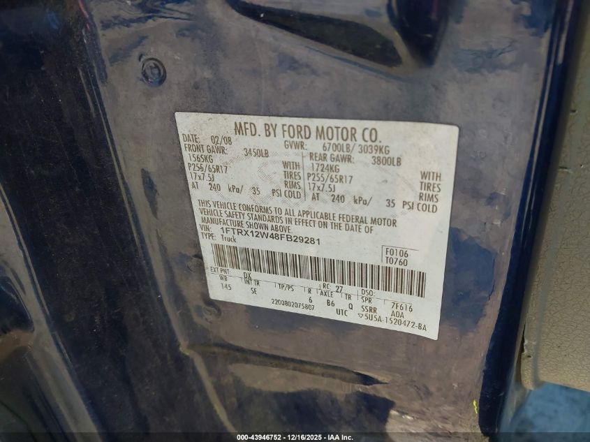 2008 Ford F-150 Fx2/Stx/Xl/Xlt VIN: 1FTRX12W48FB29281 Lot: 43946752