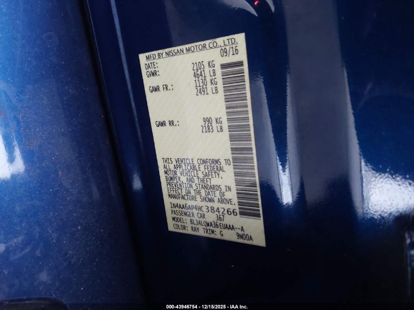 2017 Nissan Maxima 3.5 S VIN: 1N4AA6AP4HC384266 Lot: 43946754