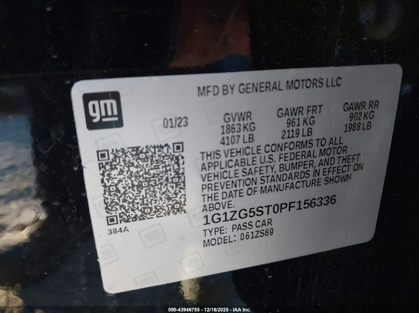 2023 Chevrolet Malibu Fwd Rs VIN: 1G1ZG5ST0PF156336 Lot: 43946755