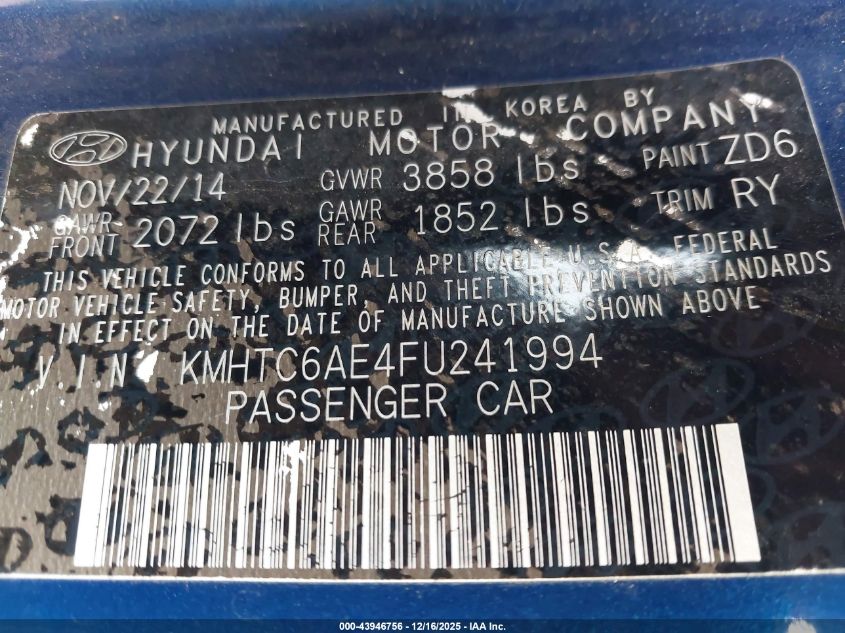 2015 Hyundai Veloster Turbo VIN: KMHTC6AE4FU241994 Lot: 43946756