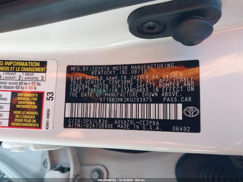 2019 Toyota Camry Xse VIN: 4T1B61HK2KU293975 Lot: 43946762