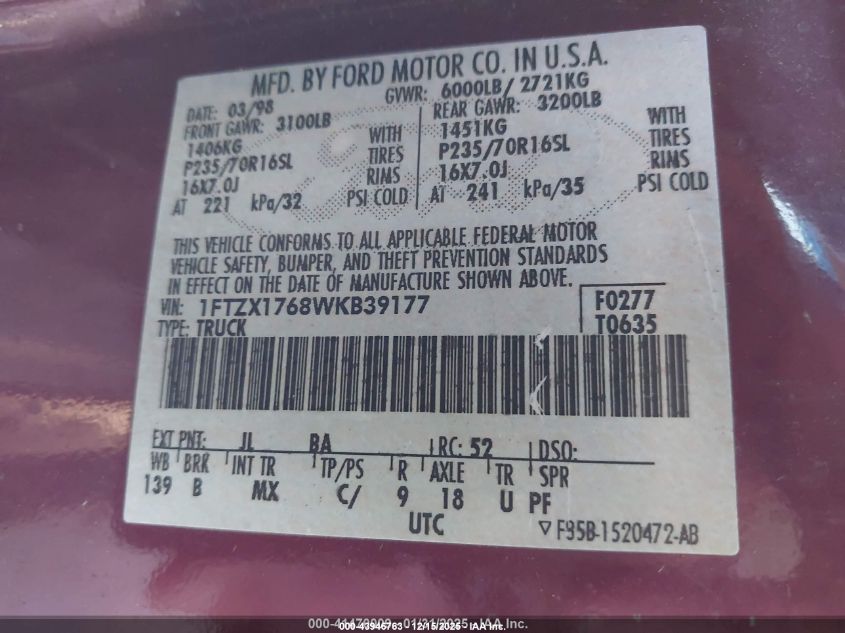 1998 Ford F-150 Lariat/Standard/Xl/Xlt VIN: 1FTZX1768WKB39177 Lot: 43946763
