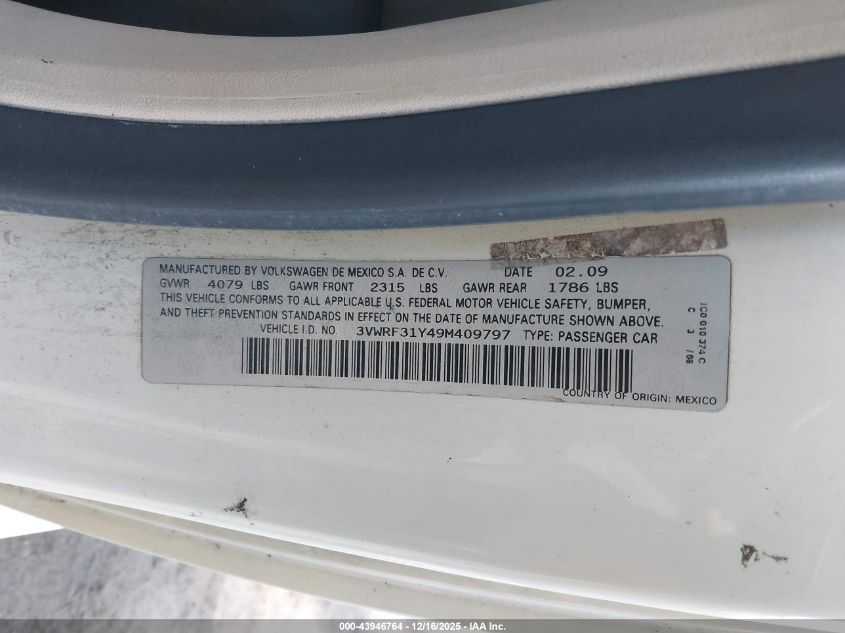 2009 Volkswagen New Beetle 2.5L VIN: 3VWRF31Y49M409797 Lot: 43946764