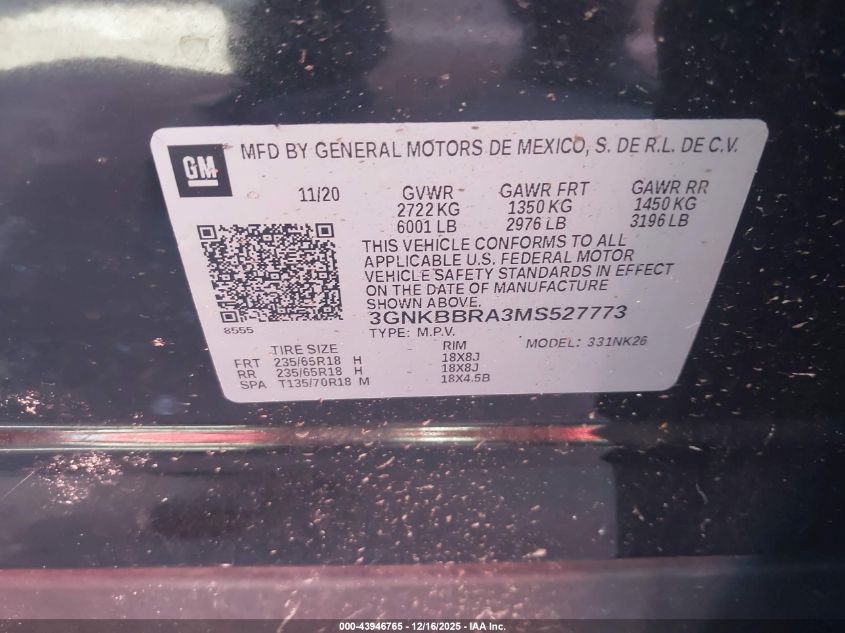 2021 Chevrolet Blazer Fwd 1Lt VIN: 3GNKBBRA3MS527773 Lot: 43946765