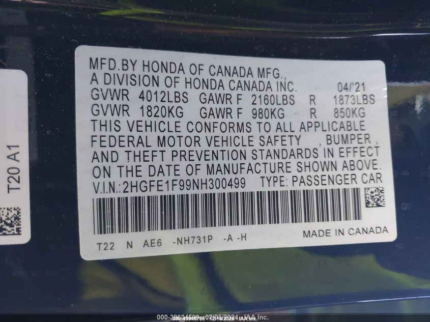 2022 Honda Civic Touring VIN: 2HGFE1F99NH300499 Lot: 43946766