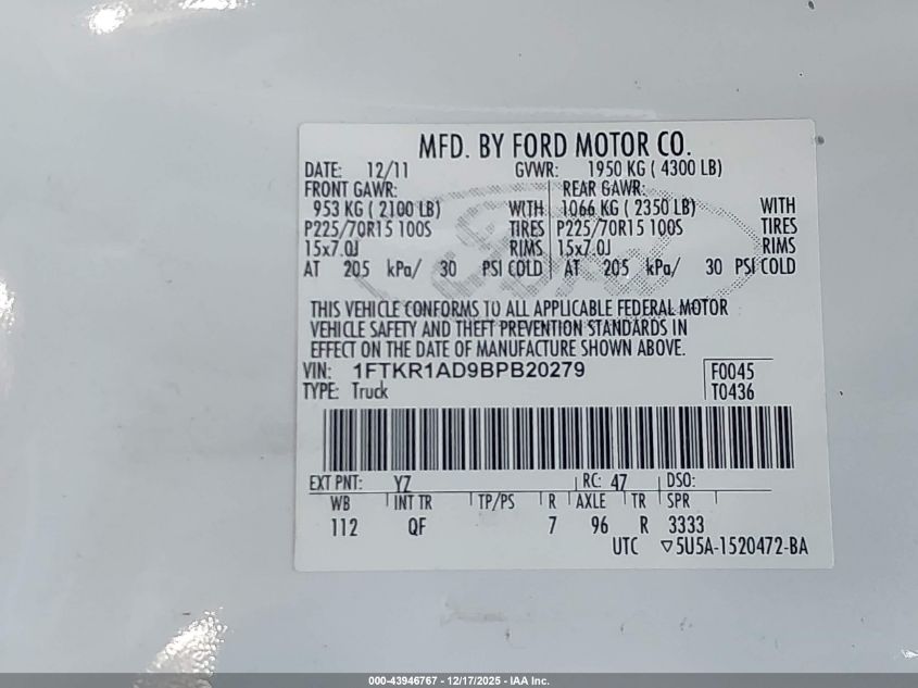 2011 Ford Ranger Xl VIN: 1FTKR1AD9BPB20279 Lot: 43946767