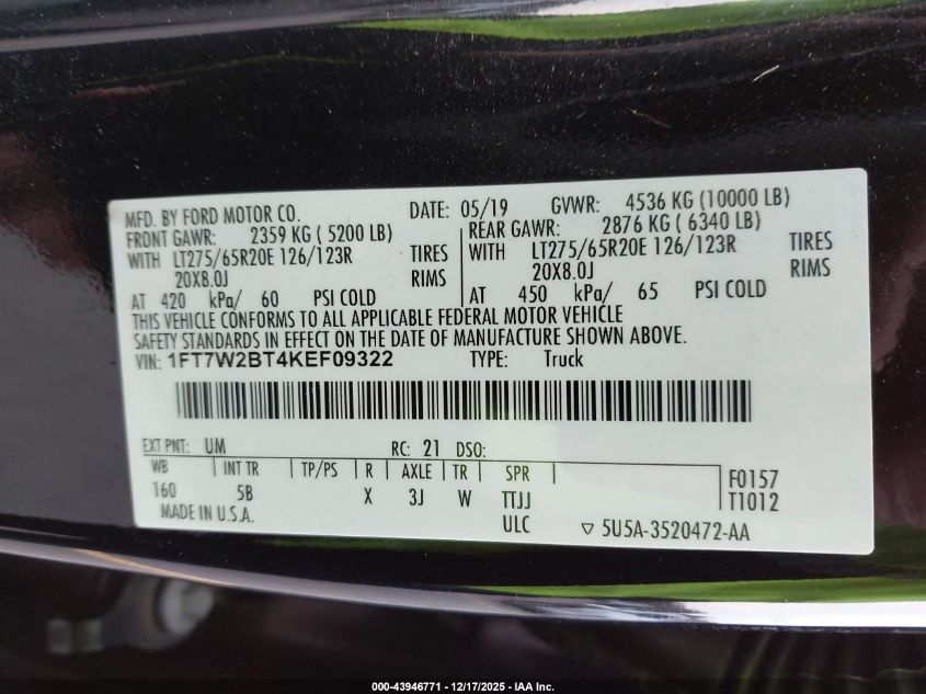 2019 Ford F-250 Lariat VIN: 1FT7W2BT4KEF09322 Lot: 43946771