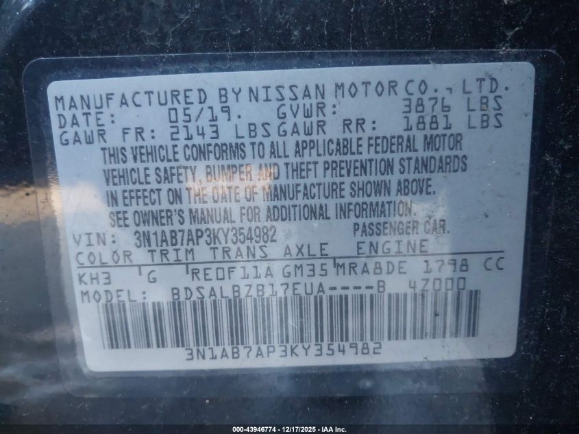 2019 Nissan Sentra S VIN: 3N1AB7AP3KY354982 Lot: 43946774