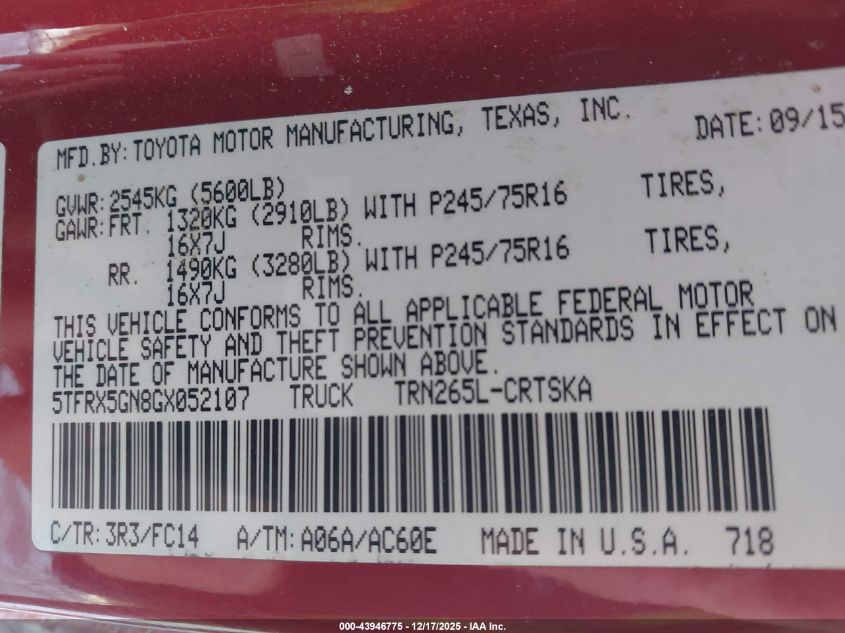 2016 Toyota Tacoma Sr5 VIN: 5TFRX5GN8GX052107 Lot: 43946775