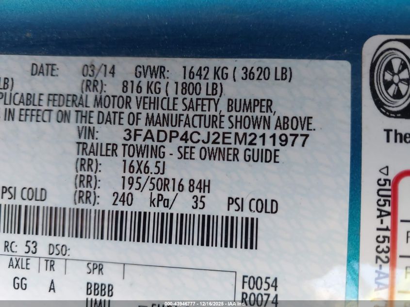 2014 Ford Fiesta Titanium VIN: 3FADP4CJ2EM211977 Lot: 43946777