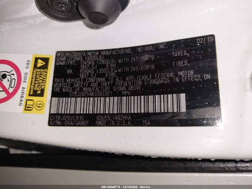 2019 Toyota Highlander Xle VIN: 5TDJZRFHXKS583351 Lot: 43946778