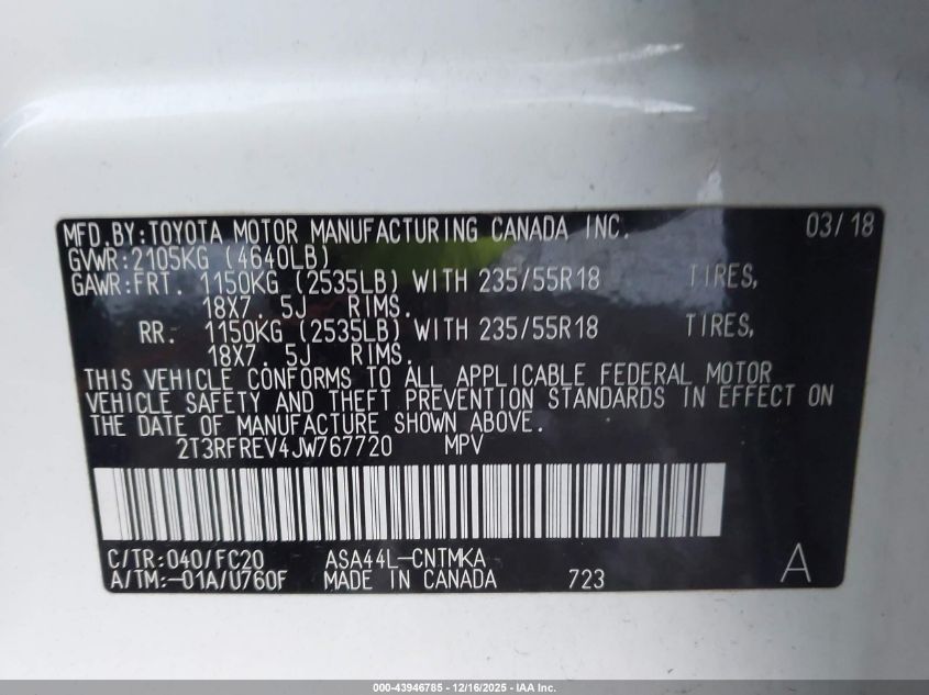 2018 Toyota Rav4 Adventure VIN: 2T3RFREV4JW767720 Lot: 43946785