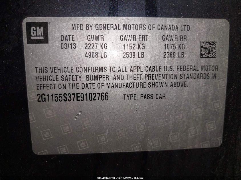 2014 Chevrolet Impala 2Lz VIN: 2G1155S37E9102766 Lot: 43946790