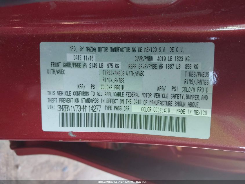 2017 Mazda Mazda3 Touring VIN: 3MZBN1V73HM114277 Lot: 43946794