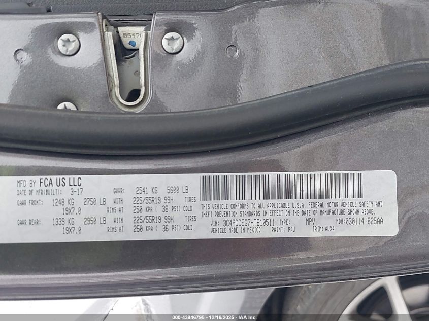 2017 Dodge Journey Gt Awd VIN: 3C4PDDEG7HT610511 Lot: 43946795