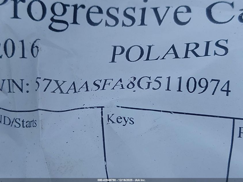 2016 Polaris Slingshot VIN: 57XAASFA8G5110974 Lot: 43946798