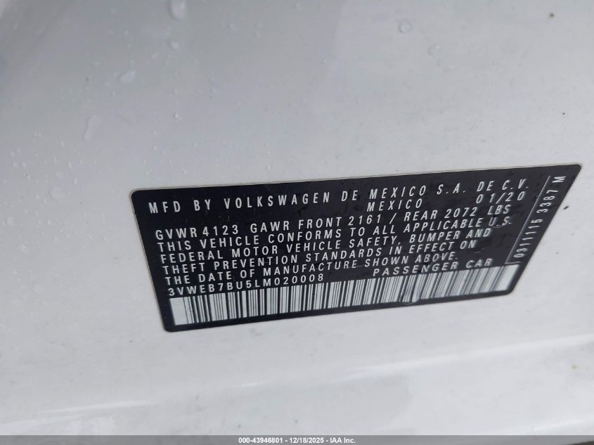 2020 Volkswagen Jetta 1.4T Sel VIN: 3VWEB7BU5LM020008 Lot: 43946801