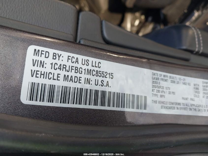2021 Jeep Grand Cherokee 80Th Anniversary 4X4 VIN: 1C4RJFBG1MC855215 Lot: 43946802