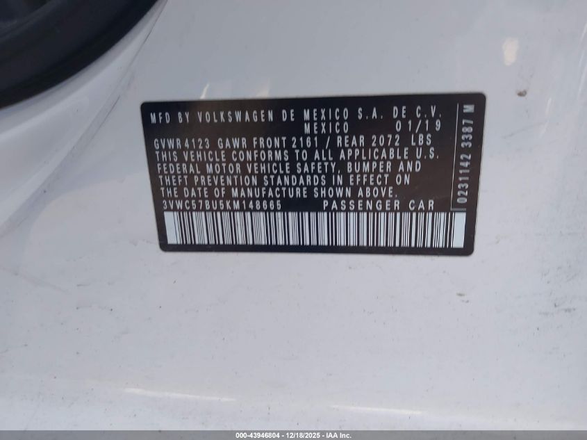 2019 Volkswagen Jetta 1.4T R-Line/1.4T S/1.4T Se VIN: 03VWC57BU5KM14866 Lot: 43946804