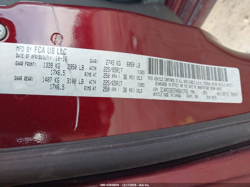 2017 Dodge Grand Caravan Se Plus VIN: 2C4RDGBG7HR601776 Lot: 43946805