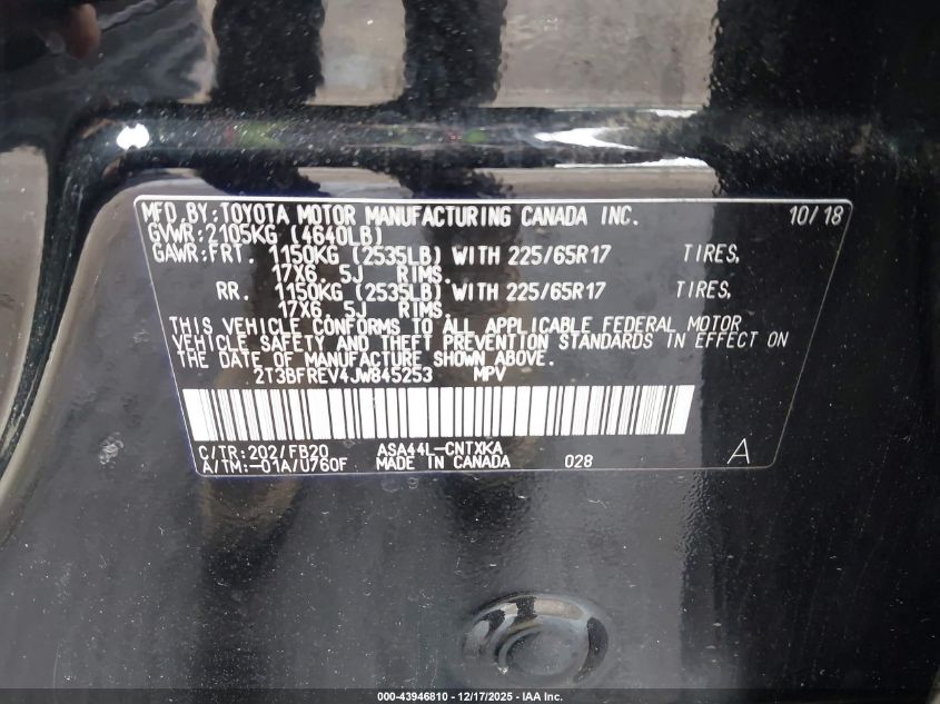 2018 Toyota Rav4 Le VIN: 2T3BFREV4JW845253 Lot: 43946810