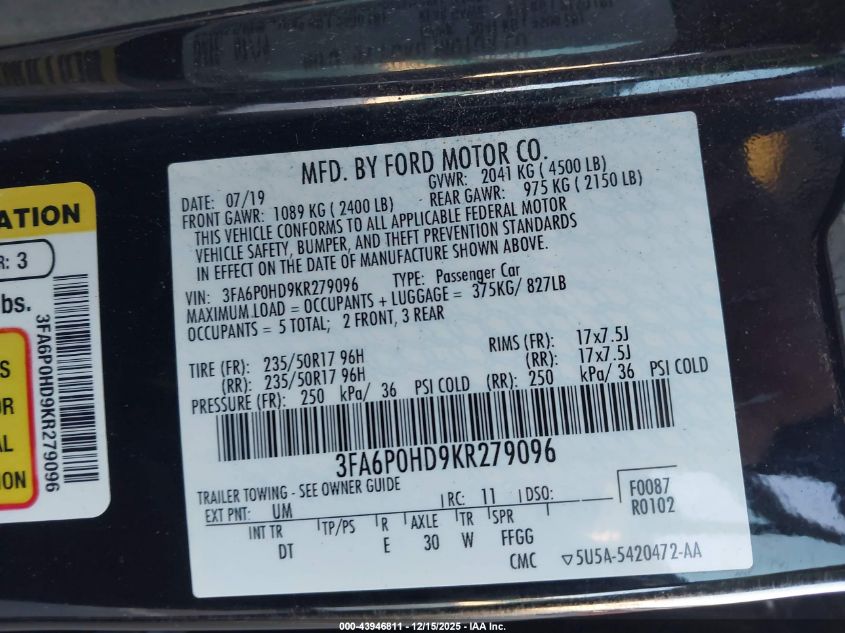 2019 Ford Fusion Se VIN: 3FA6P0HD9KR279096 Lot: 43946811
