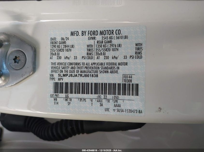 2024 Lincoln Nautilus Premiere VIN: 5LMPJ8JA7RJ861838 Lot: 43946816