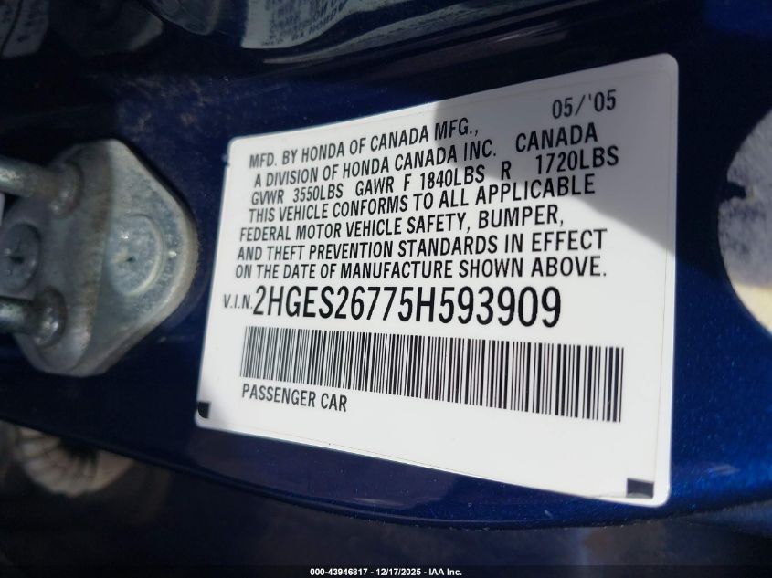 2005 Honda Civic Ex VIN: 2HGES26775H593909 Lot: 43946817