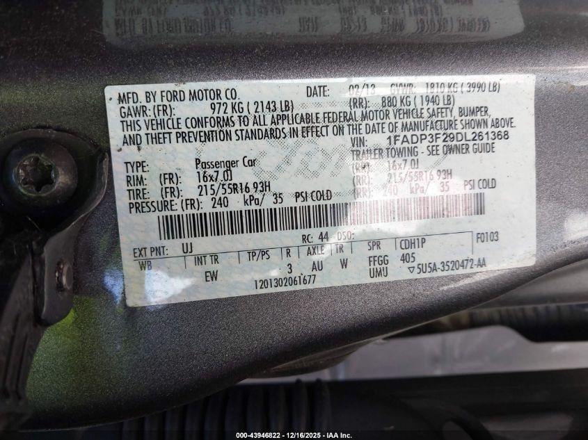 2013 Ford Focus Se VIN: 1FADP3F29DL261368 Lot: 43946822