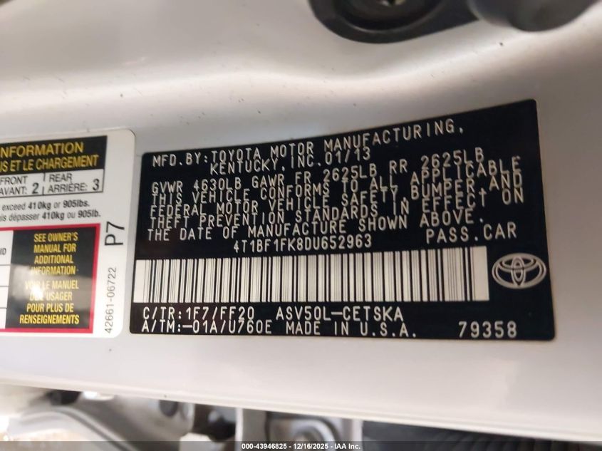 2013 Toyota Camry Se VIN: 4T1BF1FK8DU652963 Lot: 43946825
