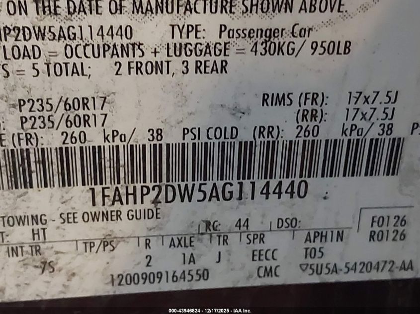 2010 Ford Taurus Se VIN: 1FAHP2DW5AG114440 Lot: 43946824