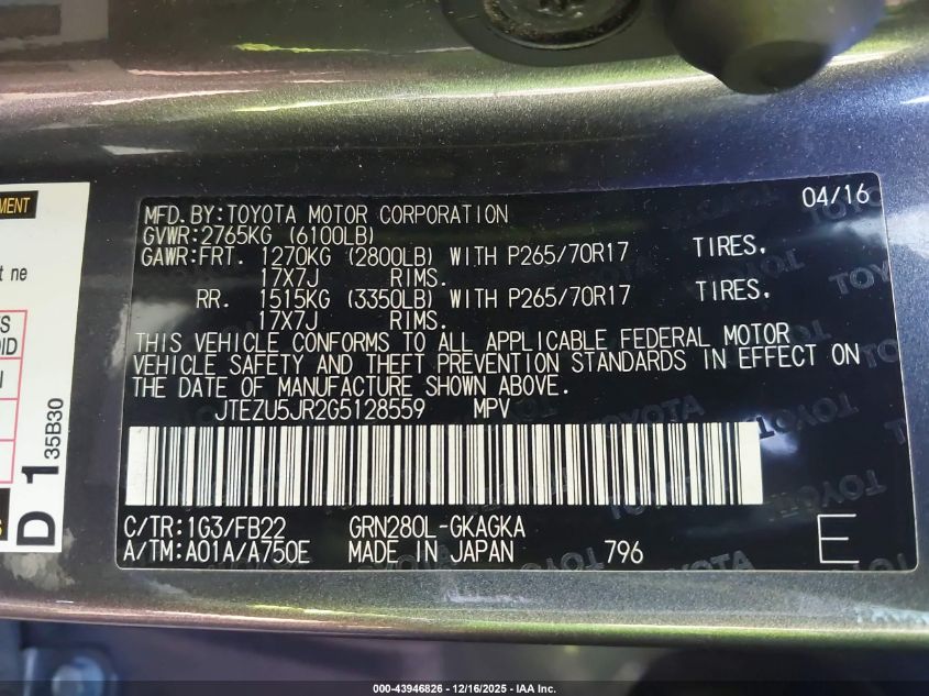 2016 Toyota 4Runner Limited/Sr5/Sr5 Premium VIN: JTEZU5JR2G5128559 Lot: 43946826