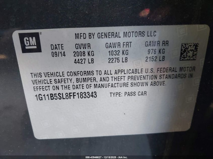 2015 Chevrolet Malibu Ls VIN: 1G11B5SL8FF183343 Lot: 43946827