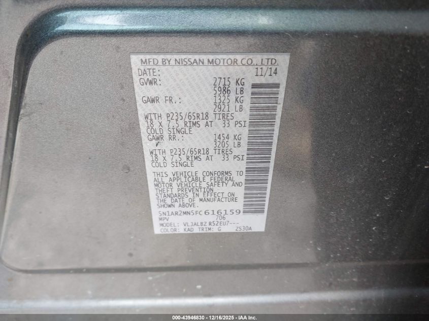 2015 Nissan Pathfinder S VIN: 5N1AR2MN5FC616159 Lot: 43946830