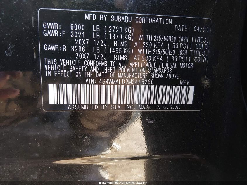 2021 Subaru Ascent Limited VIN: 4S4WMALD2M3448260 Lot: 43946835