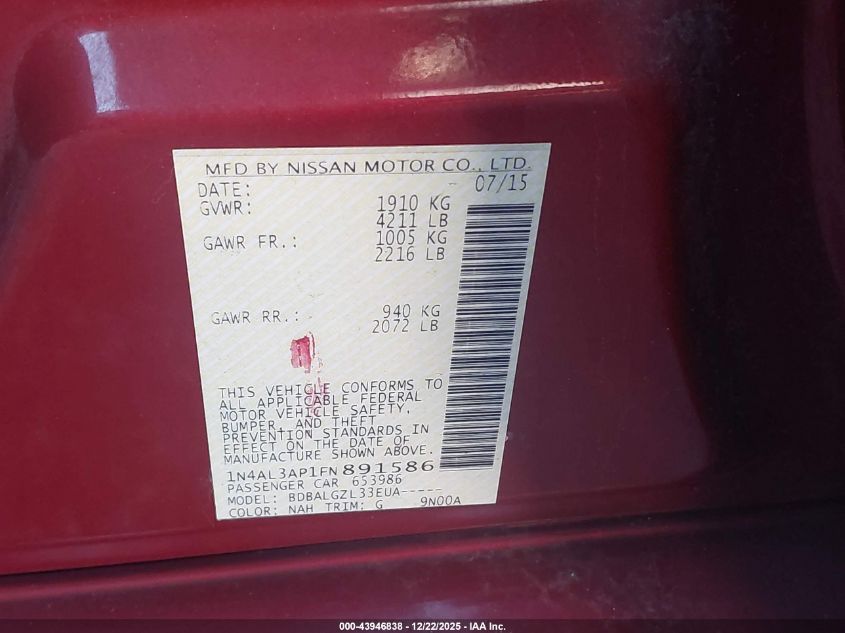 2015 Nissan Altima 2.5/2.5 S/2.5 Sl/2.5 Sv VIN: 1N4AL3AP1FN891586 Lot: 43946838