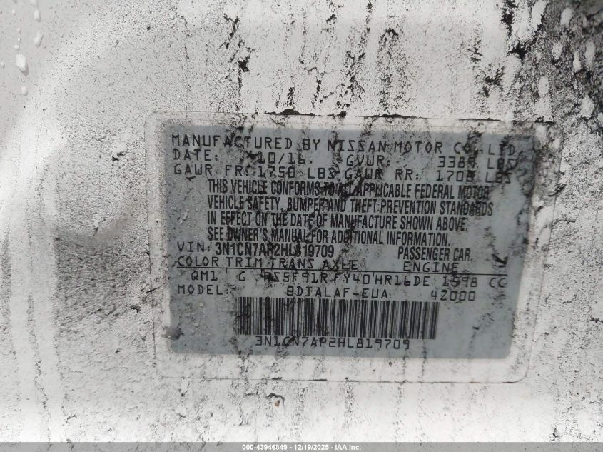 2017 Nissan Versa 1.6 S VIN: 3N1CN7AP2HL819709 Lot: 43946849