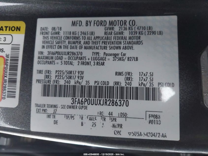 2018 Ford Fusion Hybrid S VIN: 3FA6P0UUXJR286370 Lot: 43946850