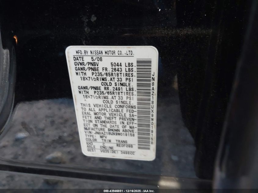 2009 Nissan Murano S VIN: JN8AZ18UX9W019158 Lot: 43946851